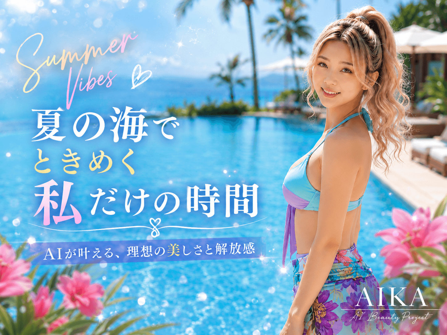 夏のプールサイドに立つAIKAのキャンペーンビジュアル