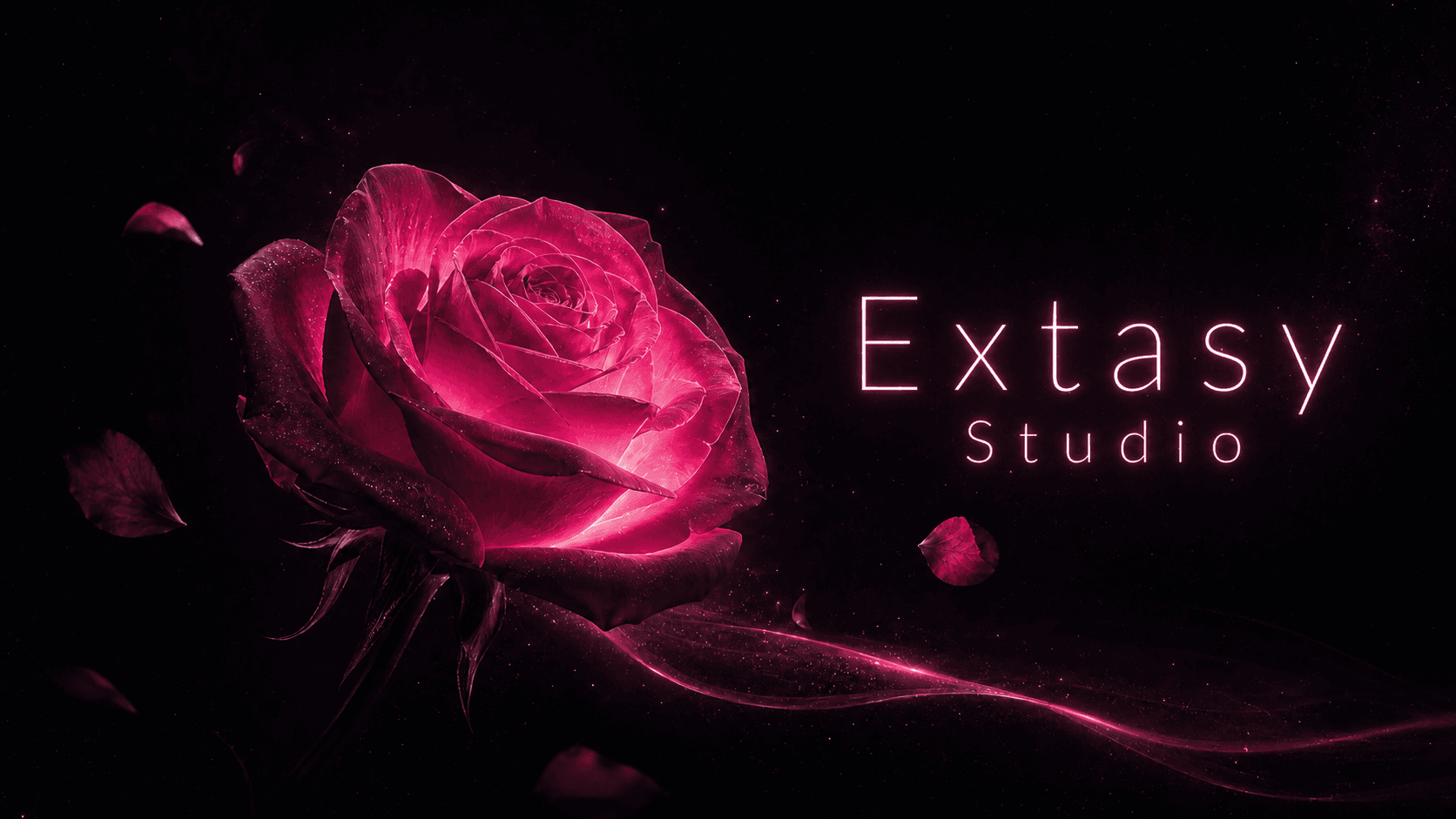闇の中で深紅に発光する薔薇とExtasy Studioのロゴ