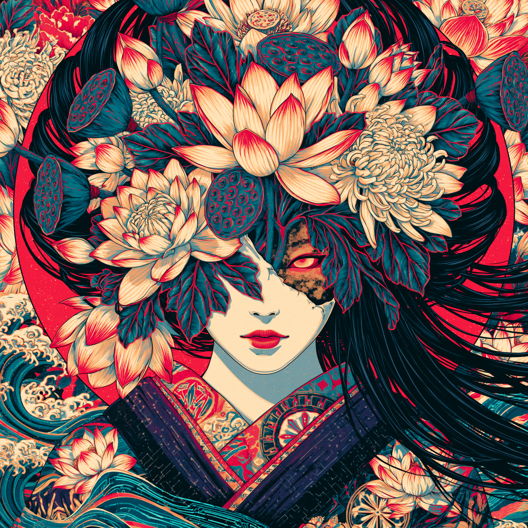 蓮と菊の花冠に包まれた現代浮世絵のMIA