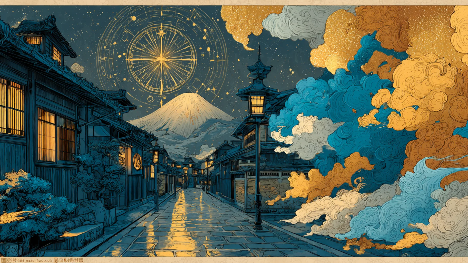 富士と古い町並み、羅針盤を思わせる光を描いた作品