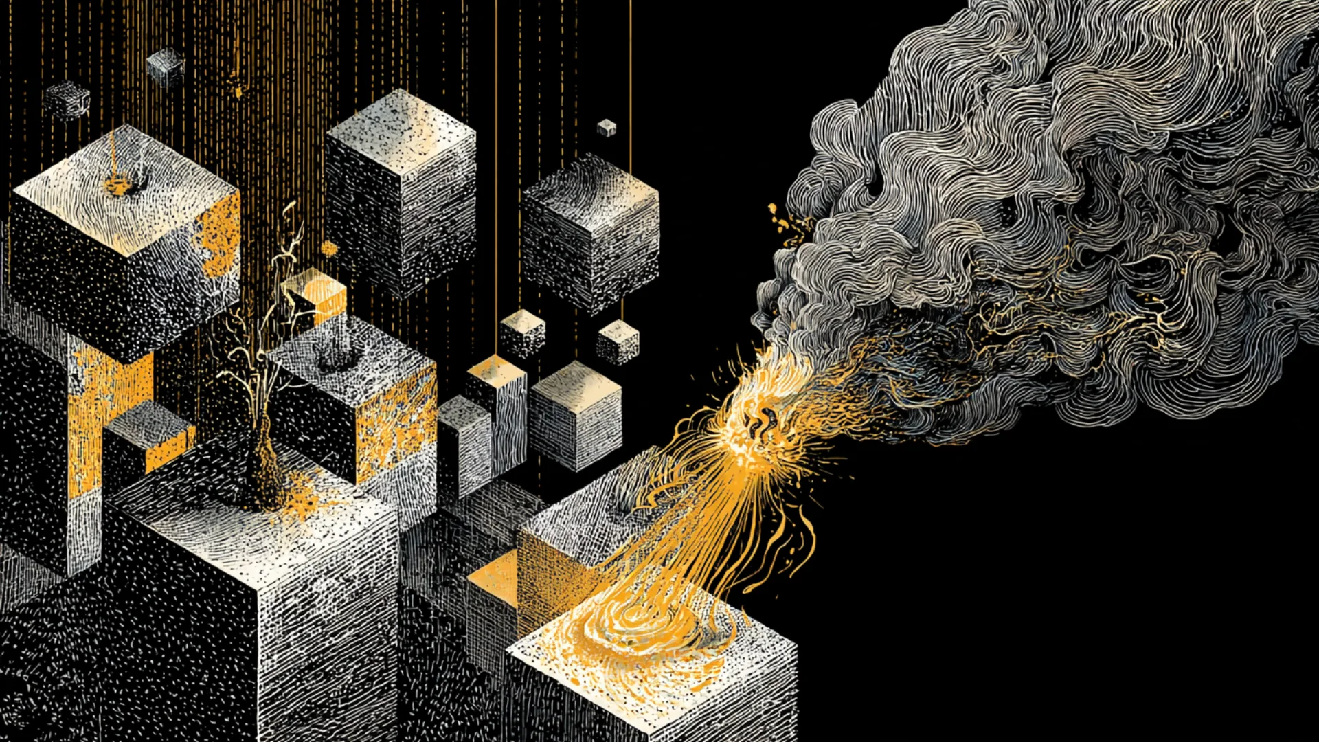 黒い空間に幾何学的な都市と金色の火花を描いた作品