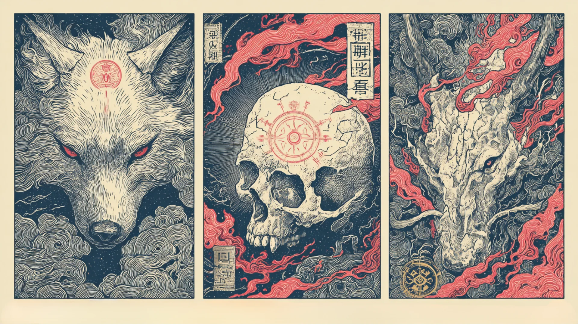 狼、頭蓋骨、獣を炎と雲で描いた三連画