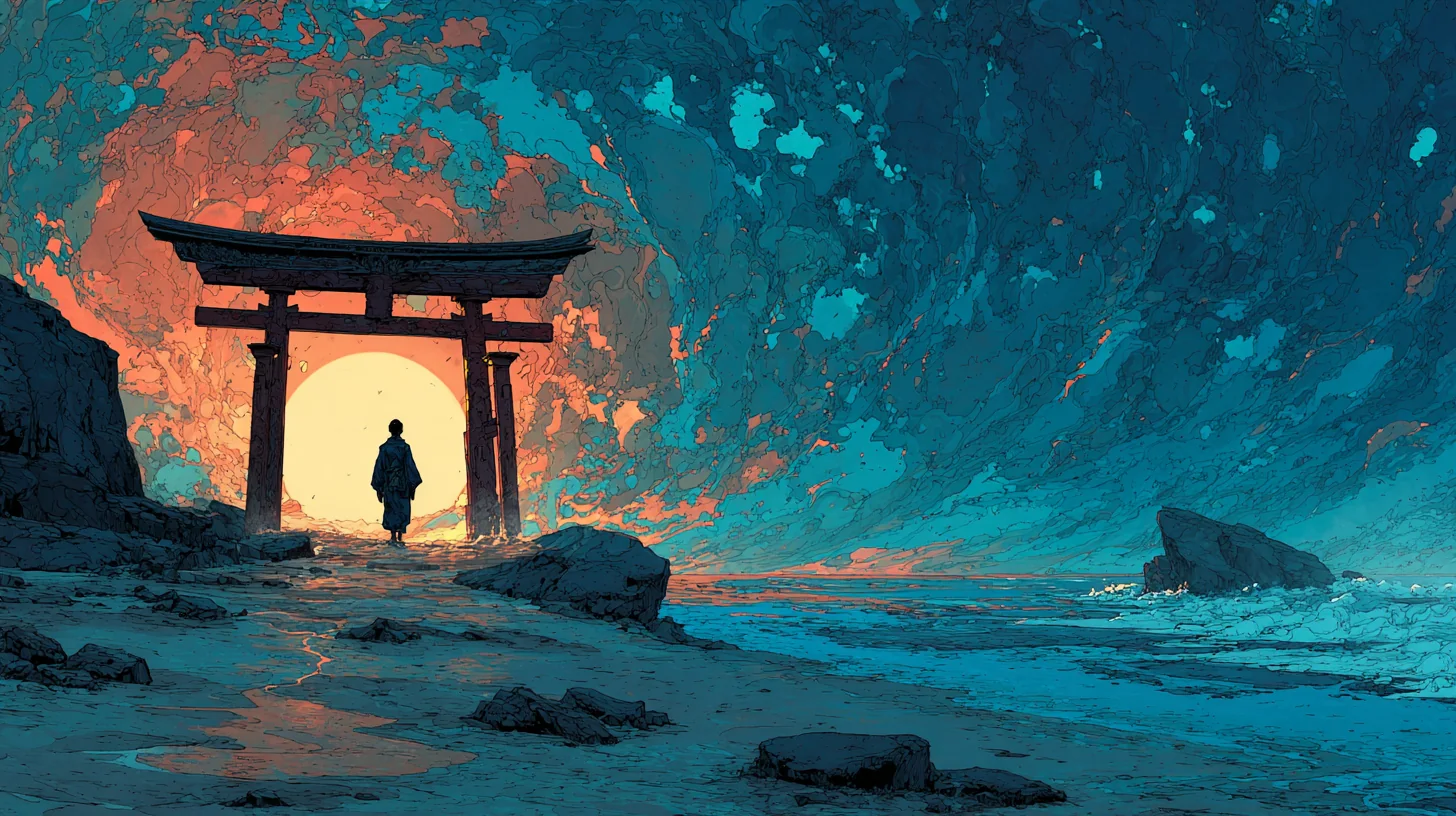 鳥居の先へ歩く人物を描いた幻想的な海辺