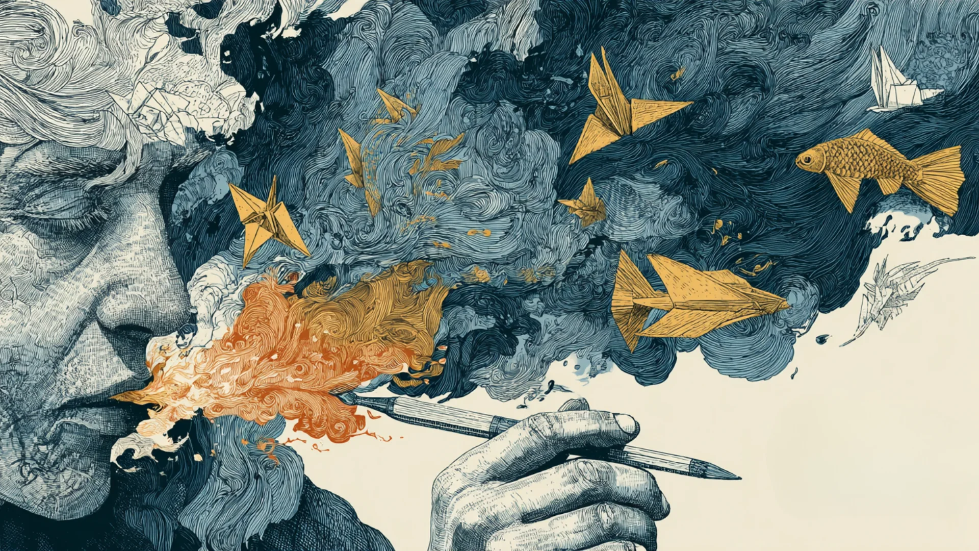 筆を持つ手から雲、魚、折り紙が生まれる創作のイメージ