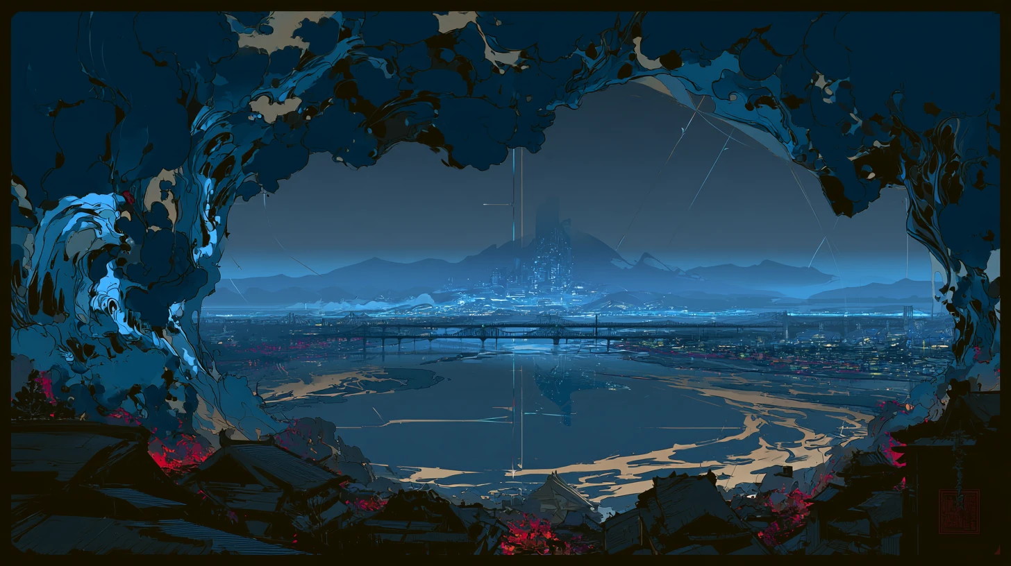 浮世絵の雲と街並みの向こうに青く輝く未来の都市が広がる風景